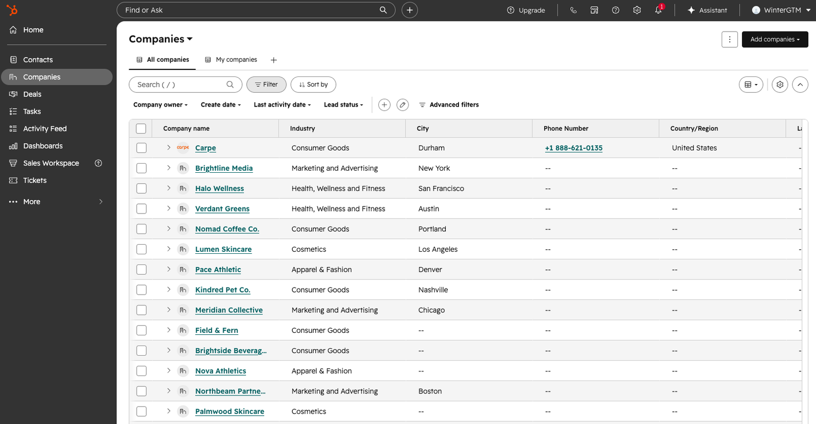 The companies list before the rebuild: ~30 accounts in one flat list, agencies and brands indistinguishable, no segmentation or relationships.